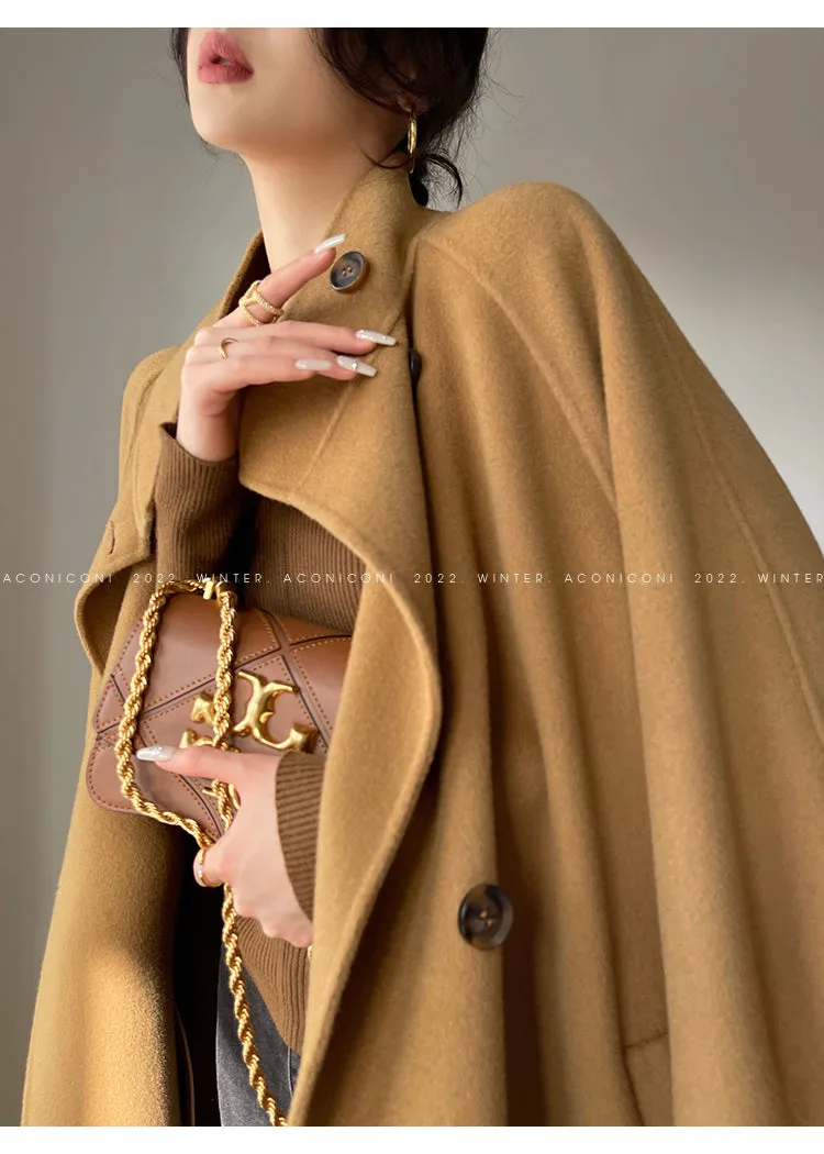 Aconiconi Autumn purple tan double-sided heavy wool cloak jacket long coat - Maple