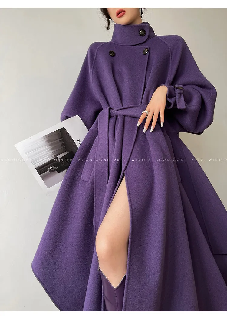 Aconiconi Autumn purple tan double-sided heavy wool cloak jacket long coat - Maple