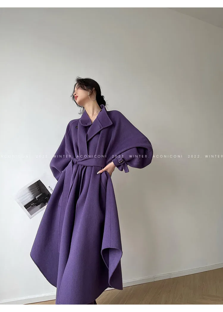 Aconiconi Autumn purple tan double-sided heavy wool cloak jacket long coat - Maple