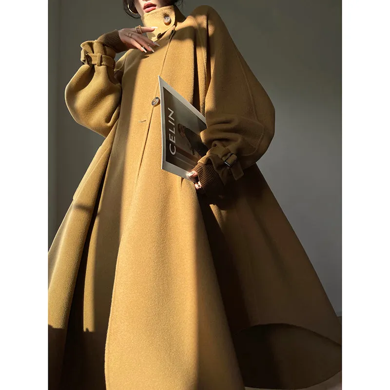 Aconiconi Autumn purple tan double-sided heavy wool cloak jacket long coat - Maple