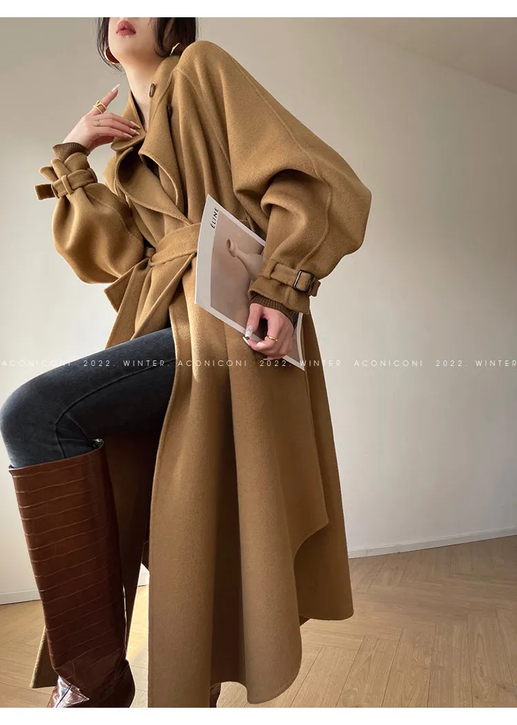 Aconiconi Autumn purple tan double-sided heavy wool cloak jacket long coat - Maple