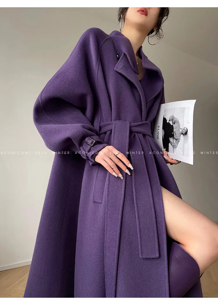 Aconiconi Autumn purple tan double-sided heavy wool cloak jacket long coat - Maple