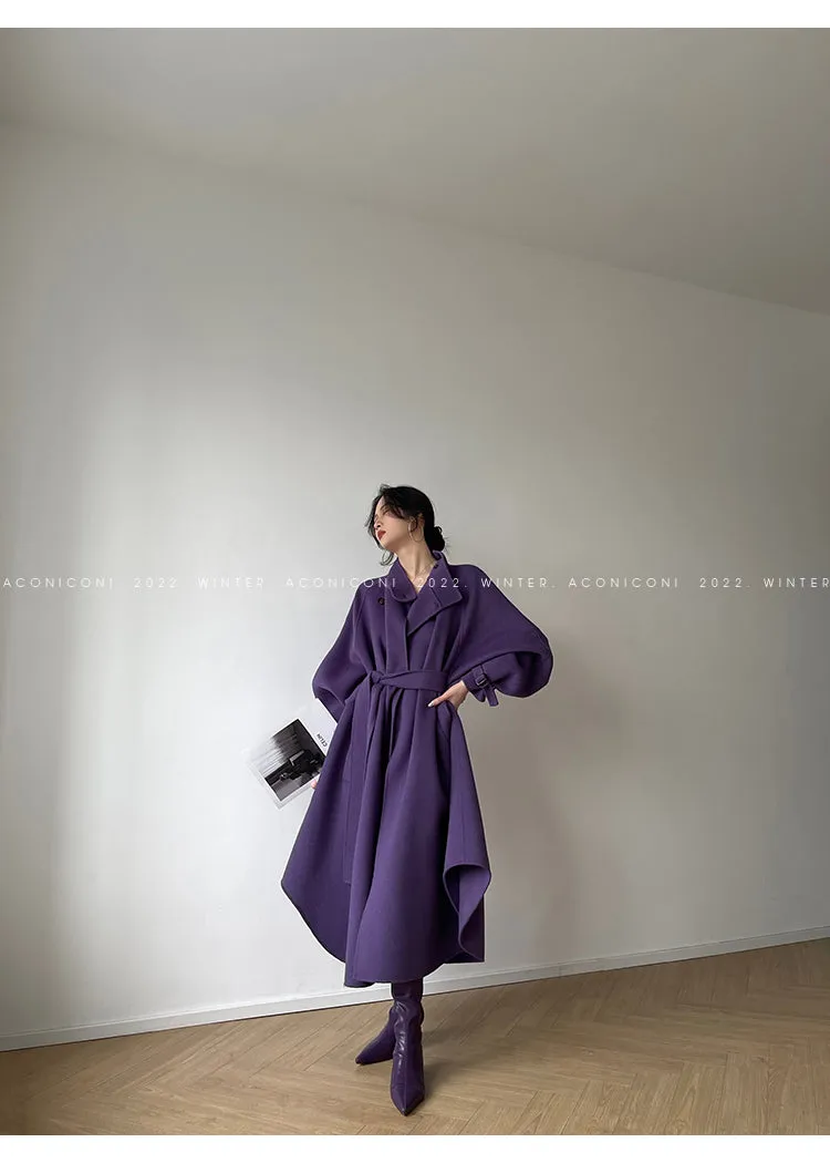 Aconiconi Autumn purple tan double-sided heavy wool cloak jacket long coat - Maple