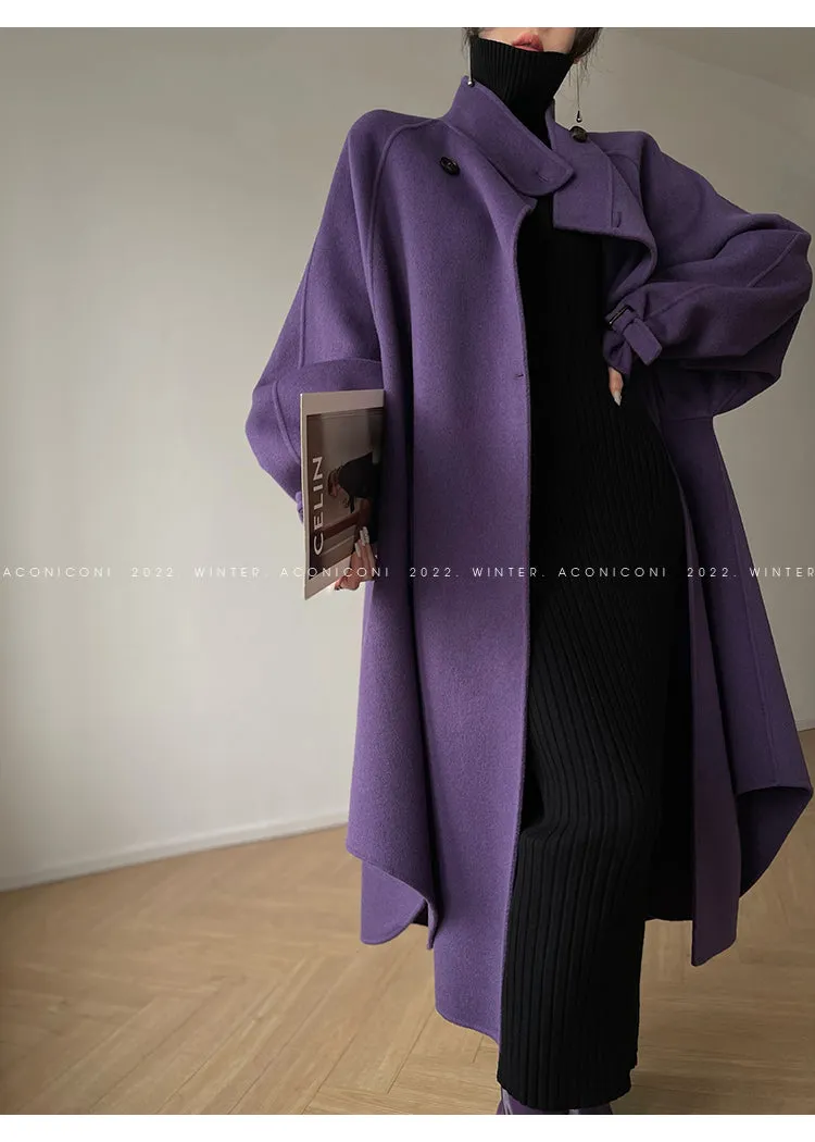 Aconiconi Autumn purple tan double-sided heavy wool cloak jacket long coat - Maple