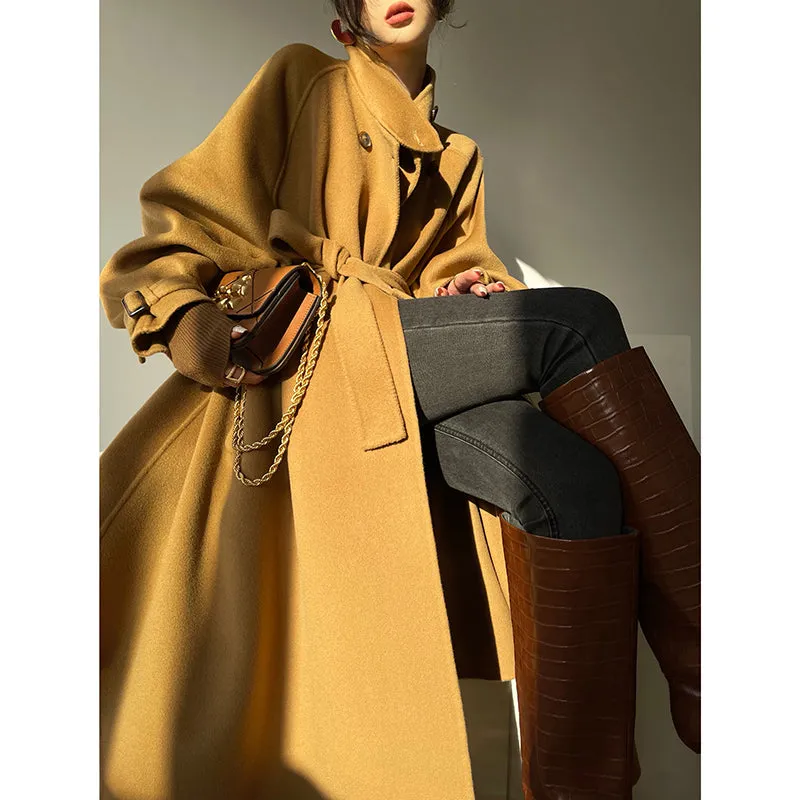 Aconiconi Autumn purple tan double-sided heavy wool cloak jacket long coat - Maple