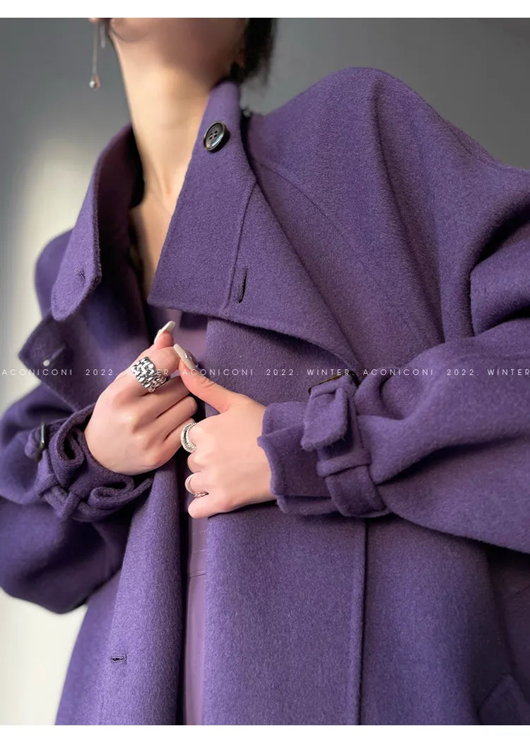 Aconiconi Autumn purple tan double-sided heavy wool cloak jacket long coat - Maple