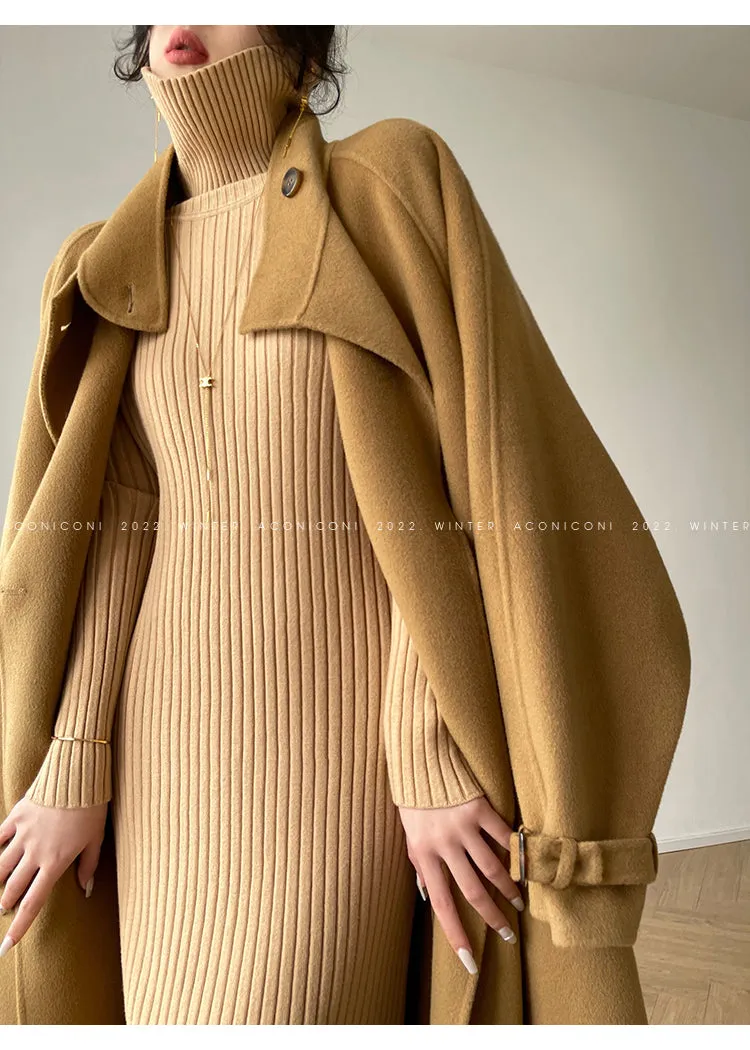 Aconiconi Autumn purple tan double-sided heavy wool cloak jacket long coat - Maple