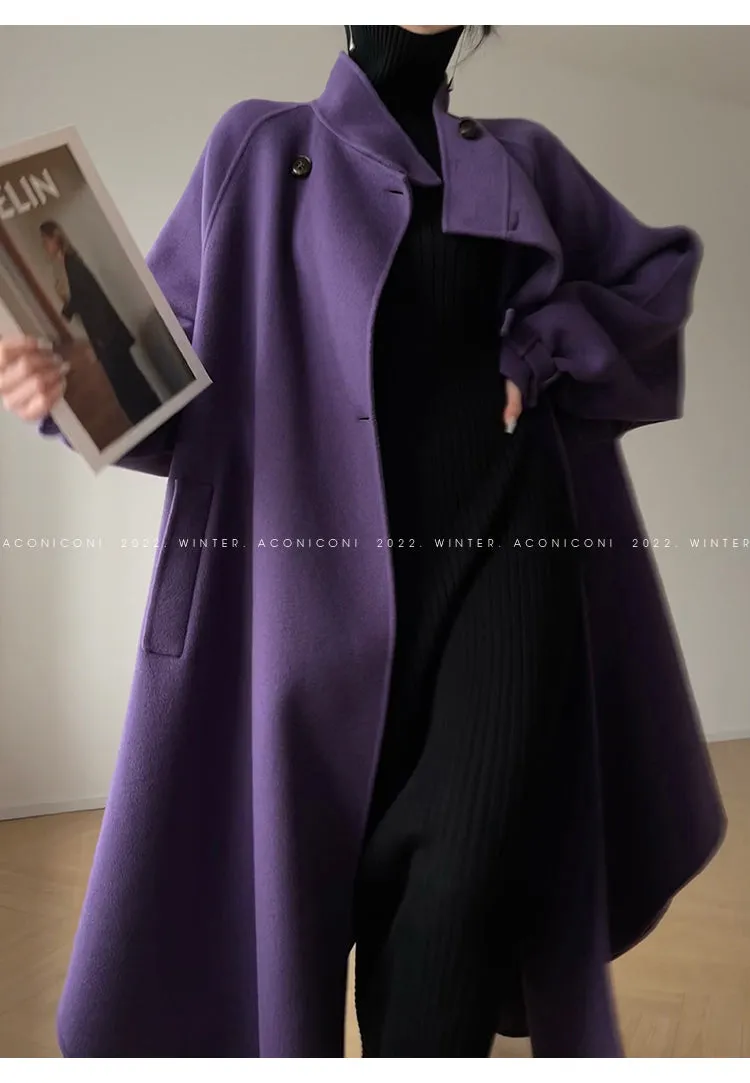 Aconiconi Autumn purple tan double-sided heavy wool cloak jacket long coat - Maple