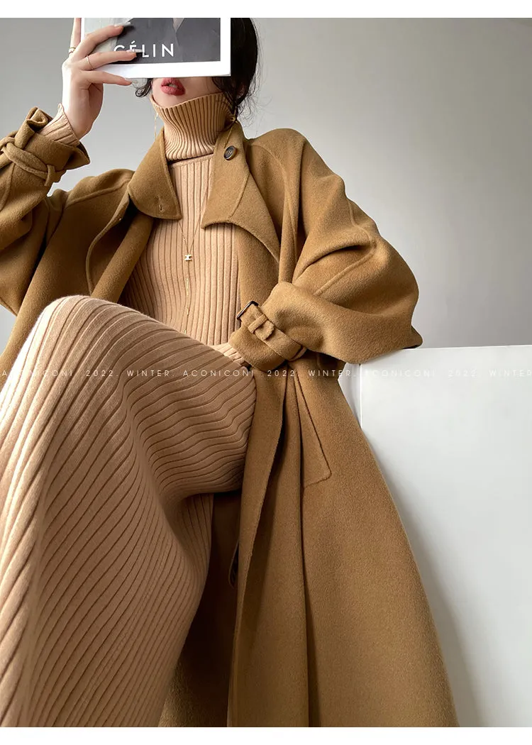 Aconiconi Autumn purple tan double-sided heavy wool cloak jacket long coat - Maple