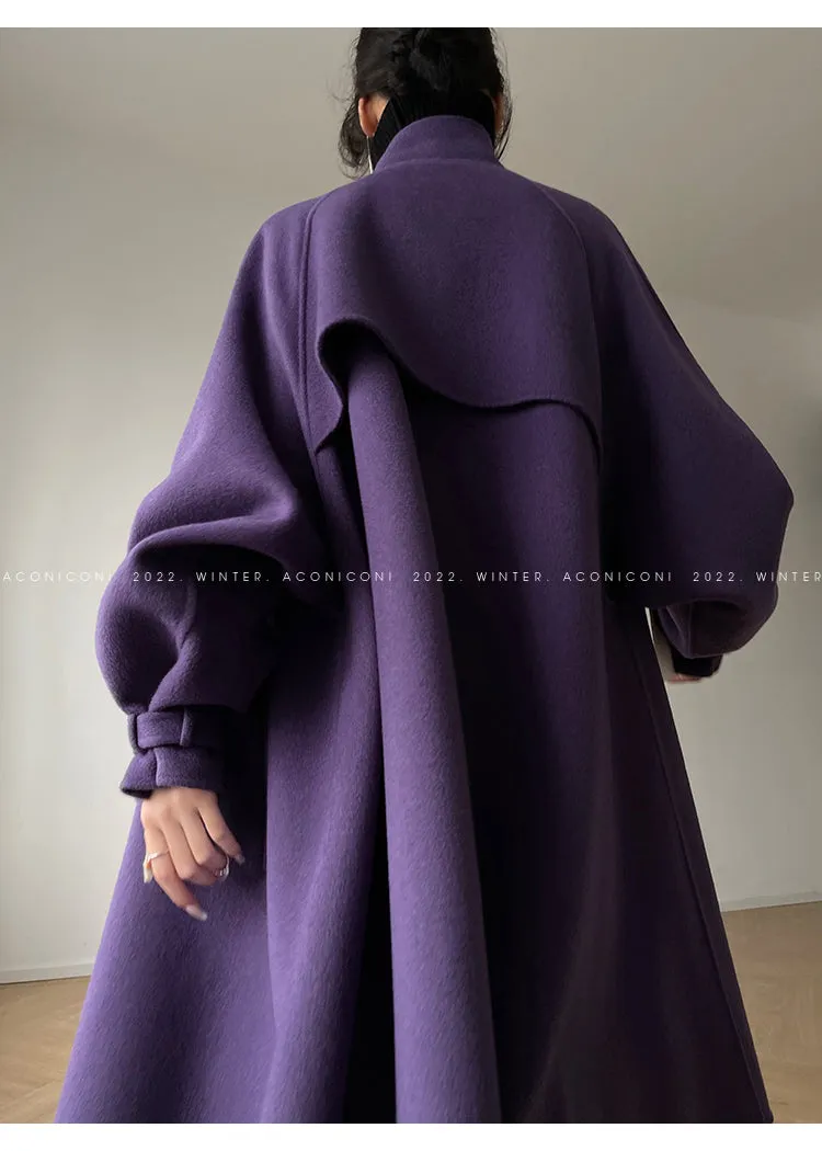 Aconiconi Autumn purple tan double-sided heavy wool cloak jacket long coat - Maple