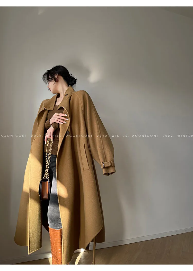 Aconiconi Autumn purple tan double-sided heavy wool cloak jacket long coat - Maple