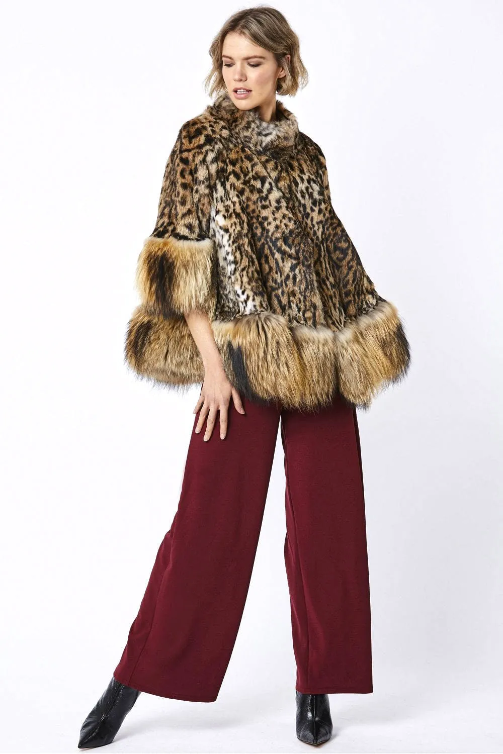 Amelia Animal Print Mocha Fox Fur Cape Coat