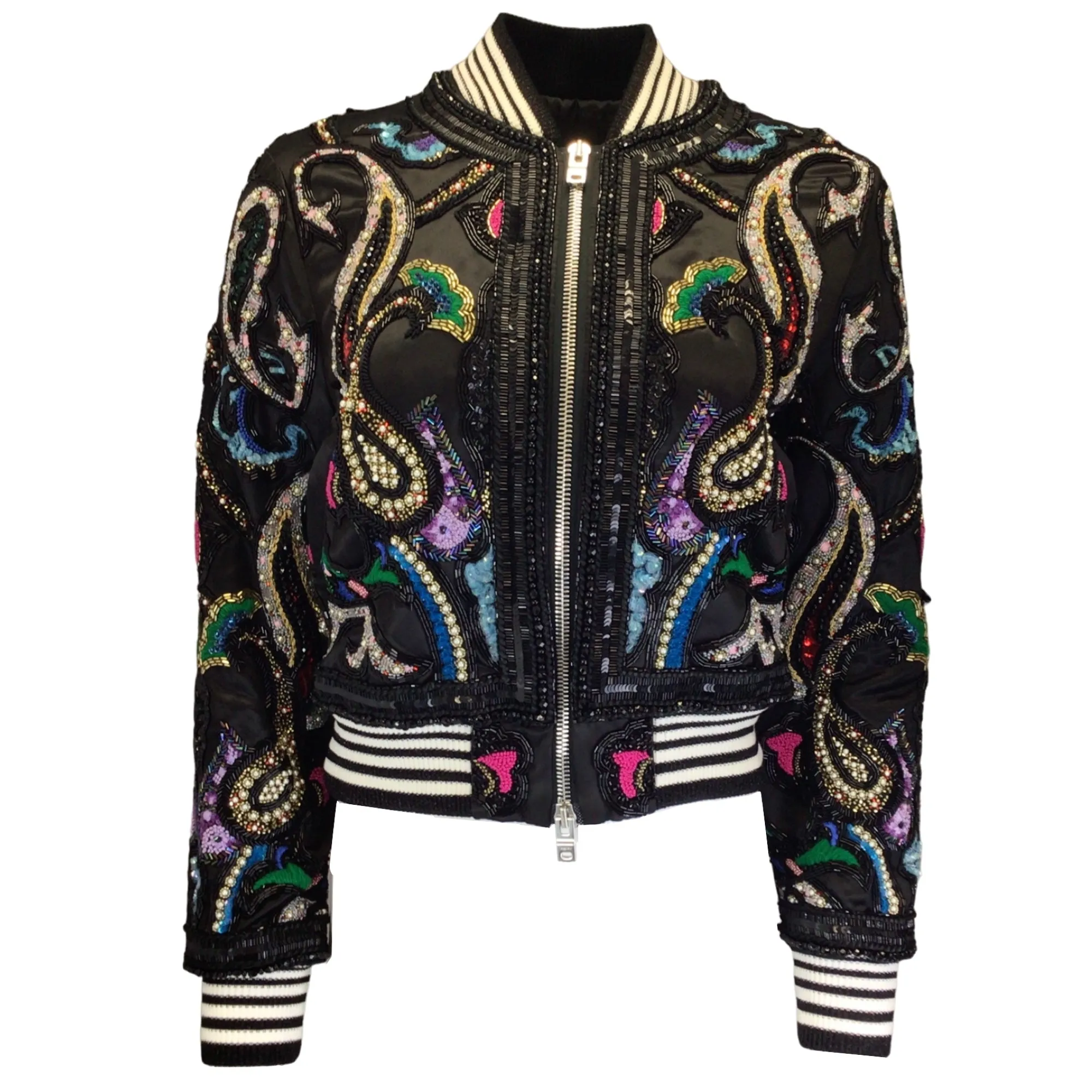 Amiri Black Multi Embellished Full Zip Satin Bomber Jacket