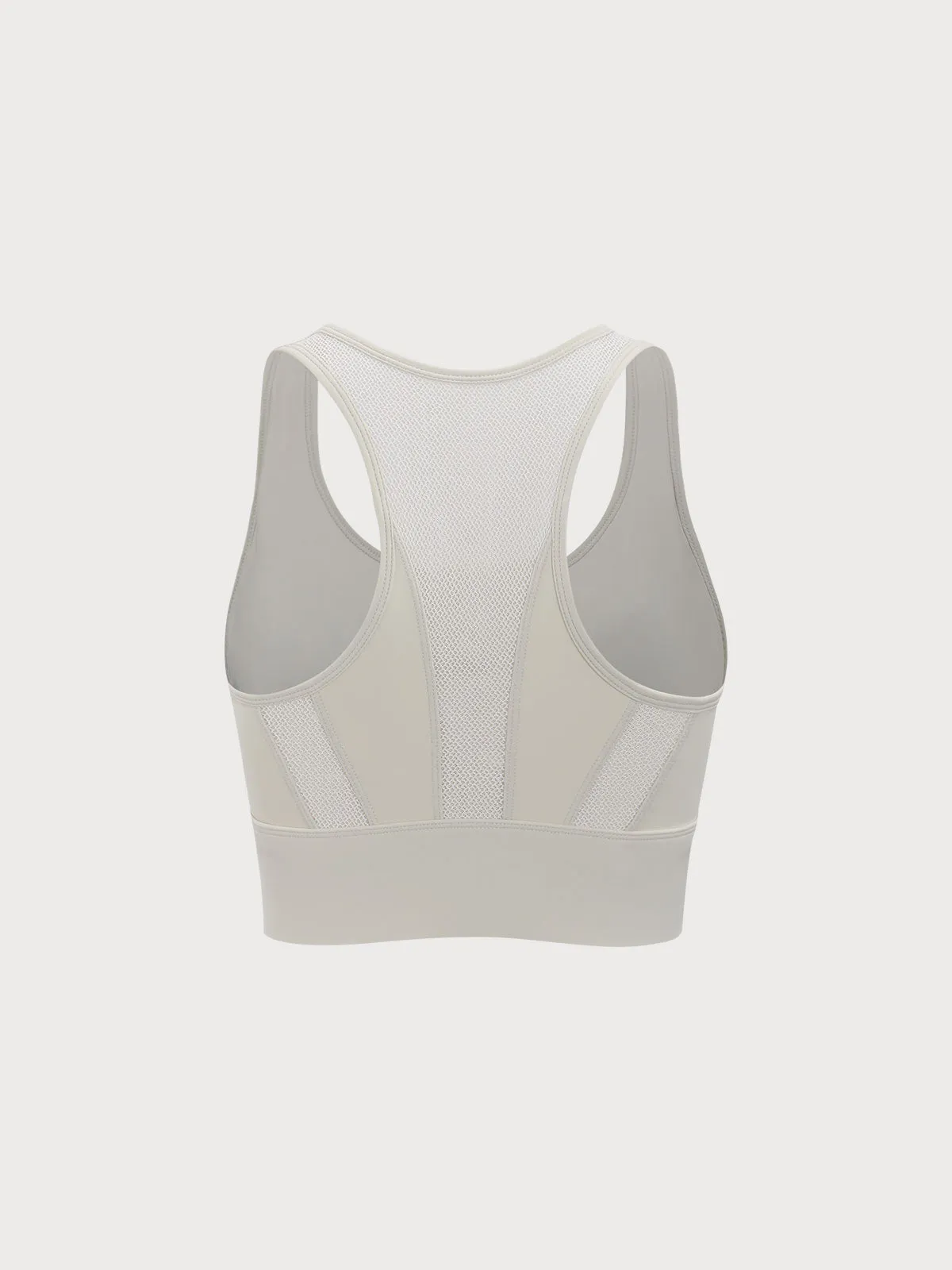 Beige Front-Zip Mesh Lycra® Sports Bra - High Support