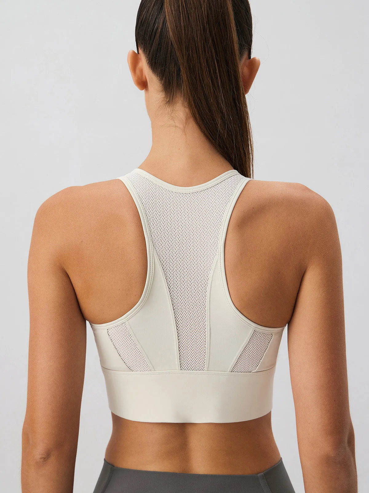 Beige Front-Zip Mesh Lycra® Sports Bra - High Support