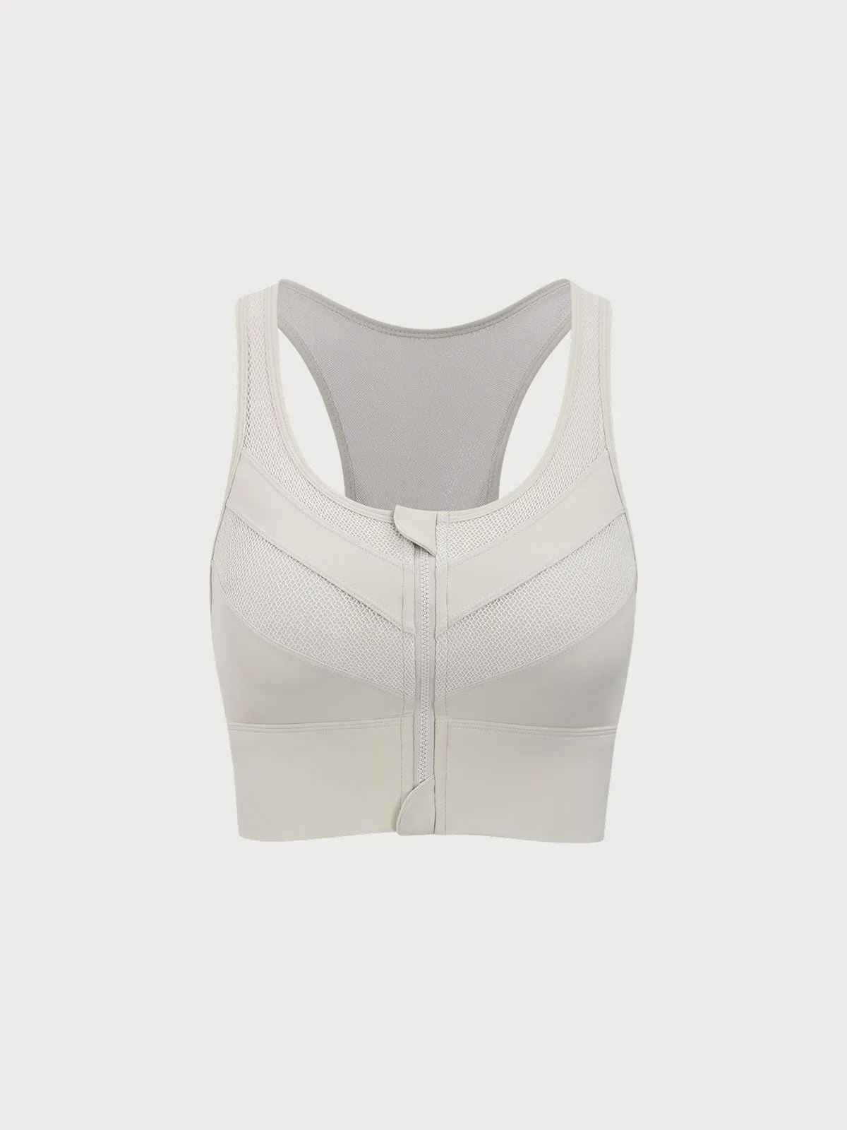 Beige Front-Zip Mesh Lycra® Sports Bra - High Support