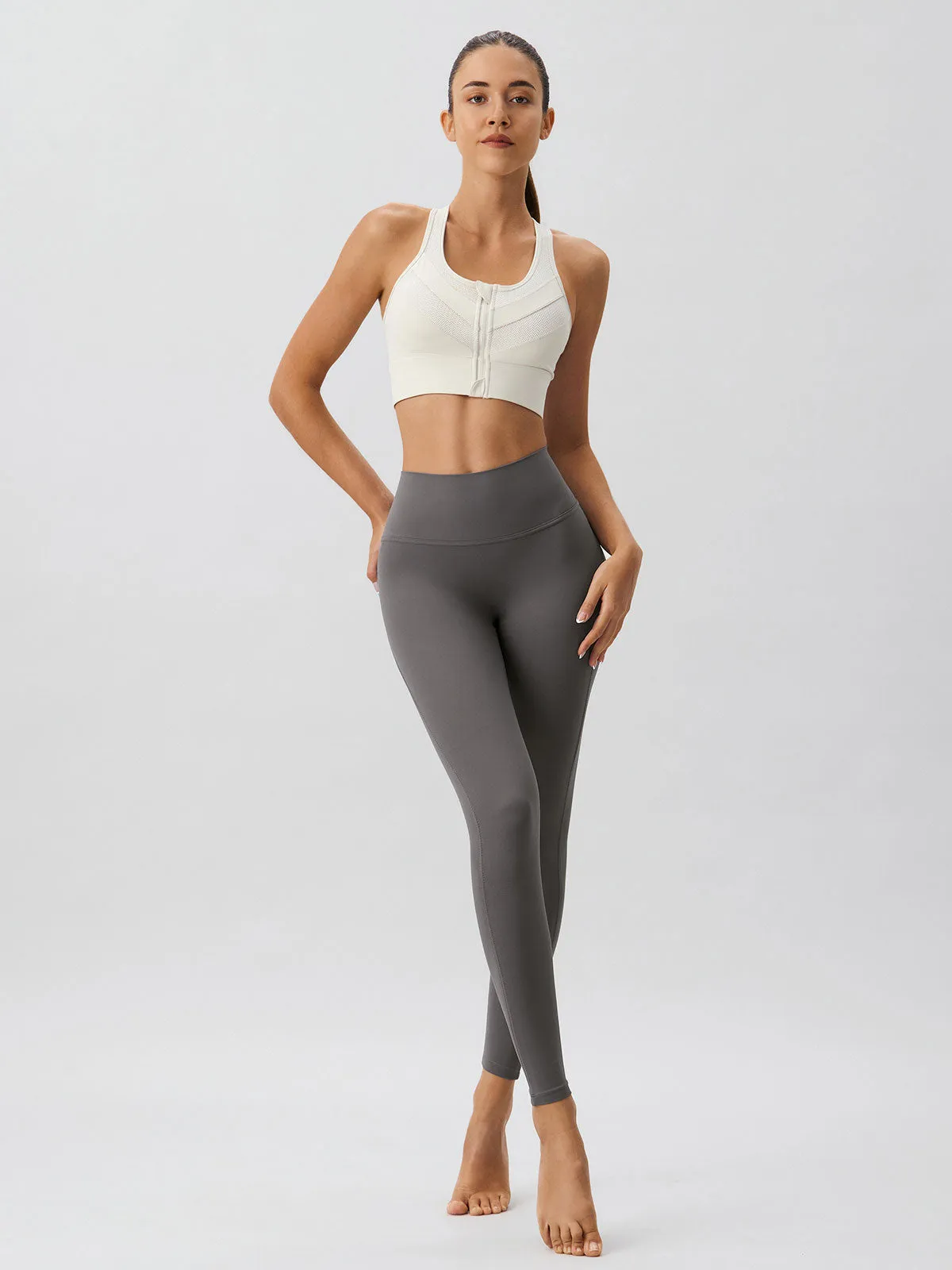 Beige Front-Zip Mesh Lycra® Sports Bra - High Support