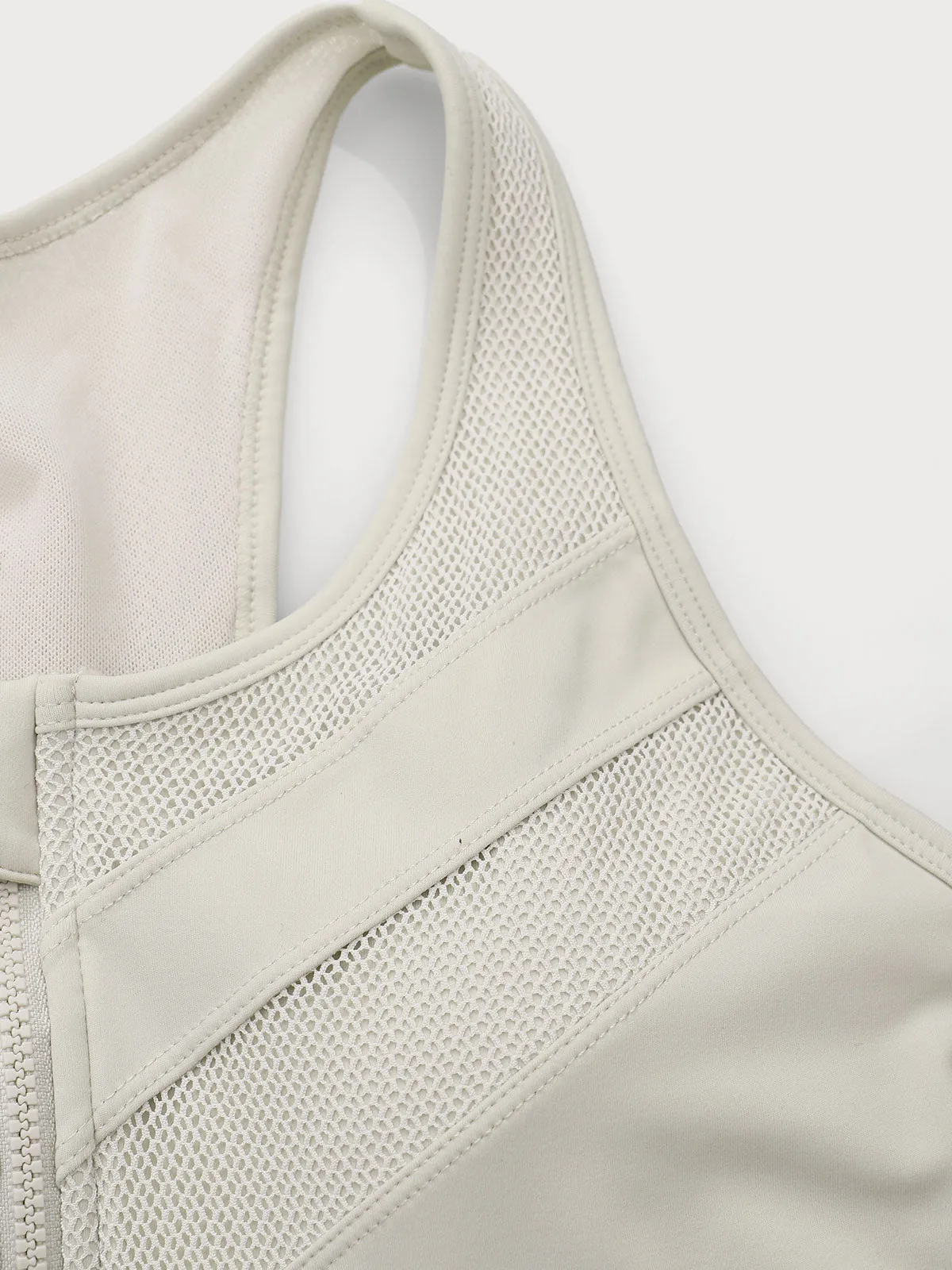 Beige Front-Zip Mesh Lycra® Sports Bra - High Support