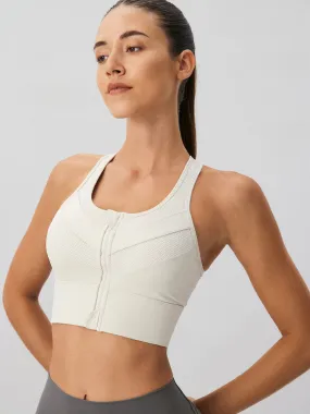 Beige Front-Zip Mesh Lycra® Sports Bra - High Support