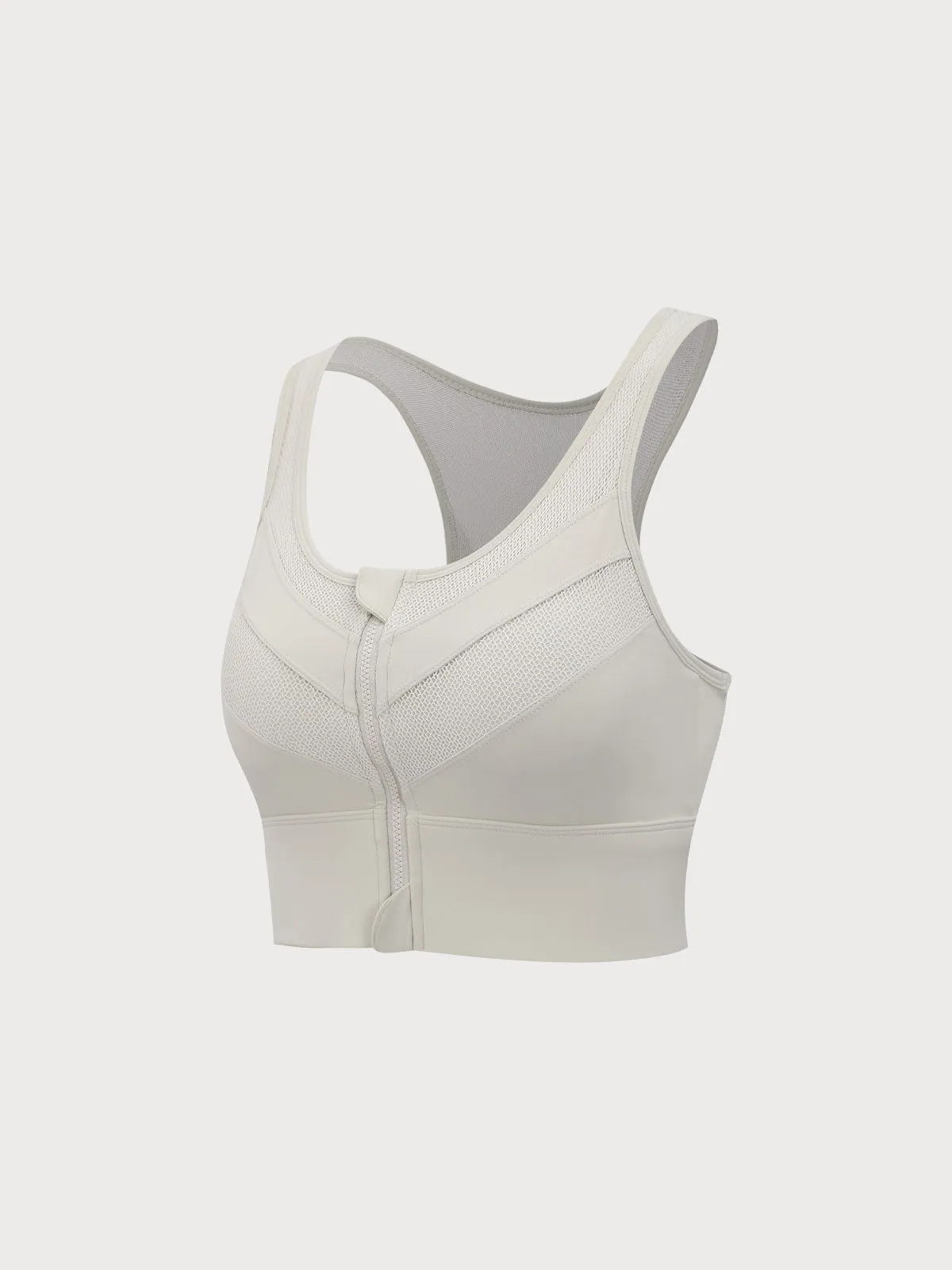 Beige Front-Zip Mesh Lycra® Sports Bra - High Support