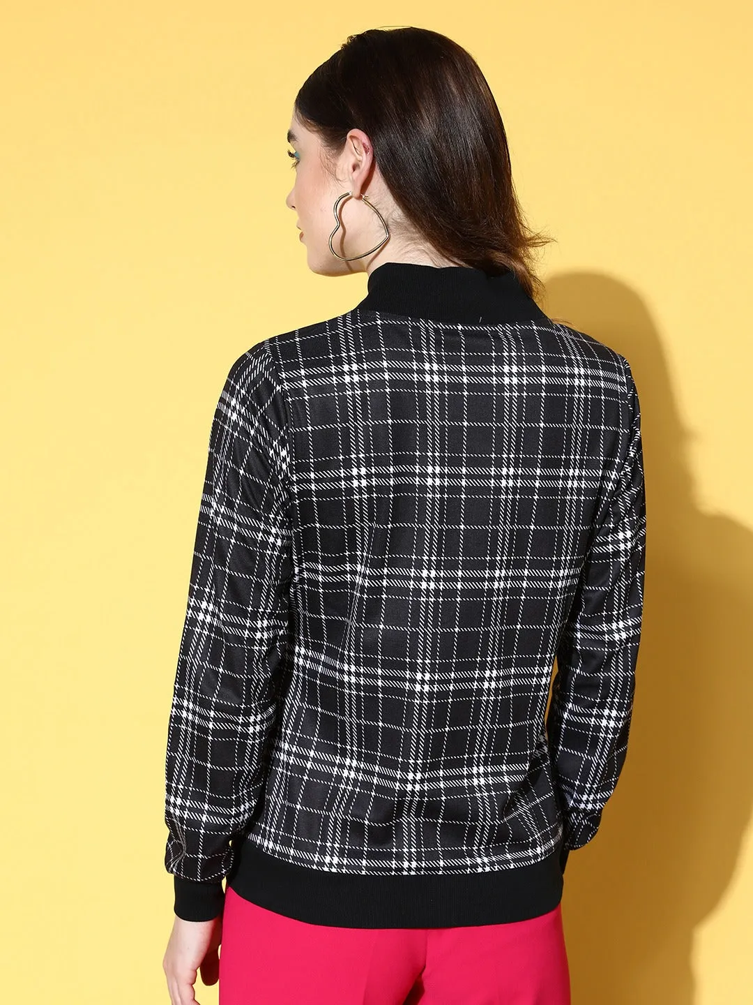 Berrylush Women Black & White Checked Pattern Mock Collar Neck Straight Hem Regular Bomber Jacket