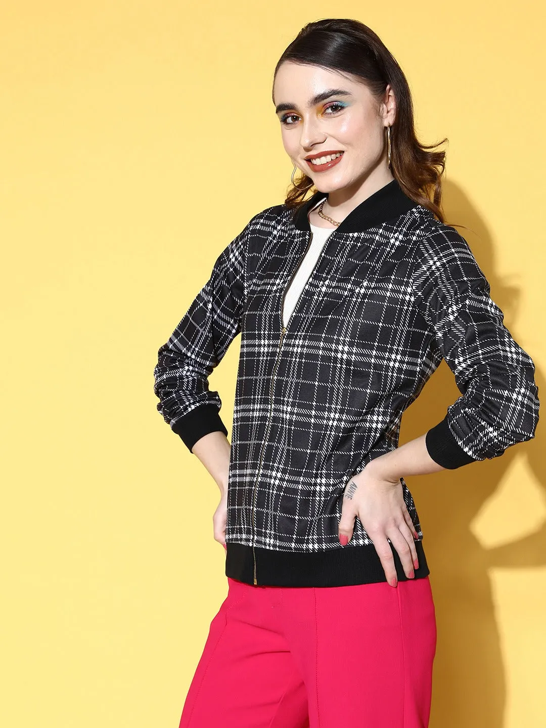 Berrylush Women Black & White Checked Pattern Mock Collar Neck Straight Hem Regular Bomber Jacket