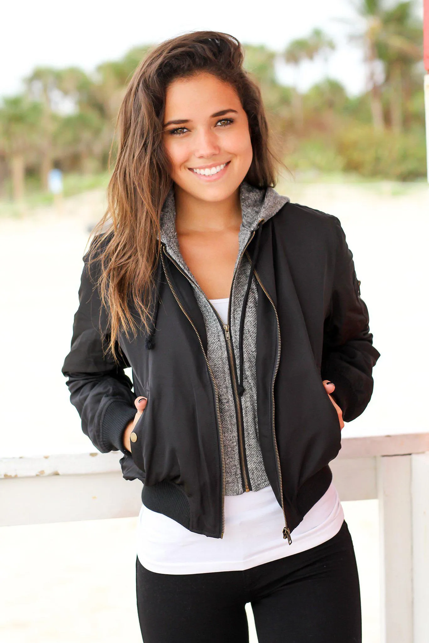 Black Bomber Jacket with Gray Hood