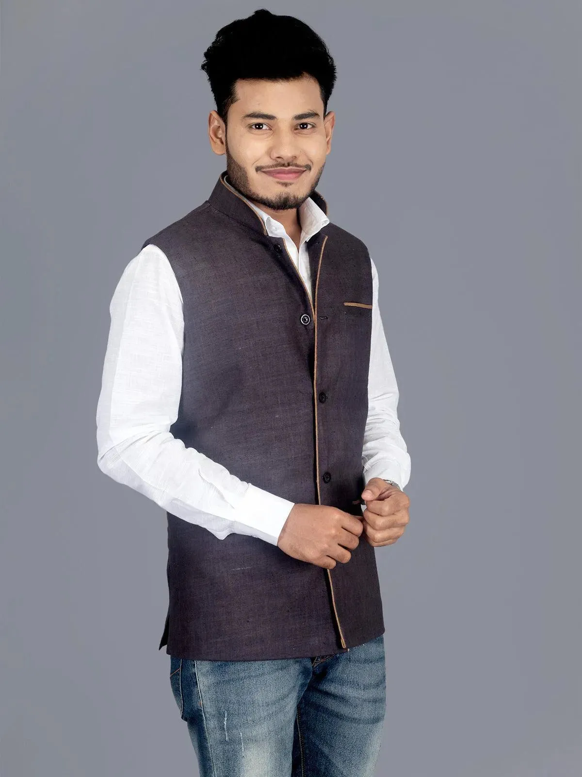 Black Grey Matka Silk Modi Jacket