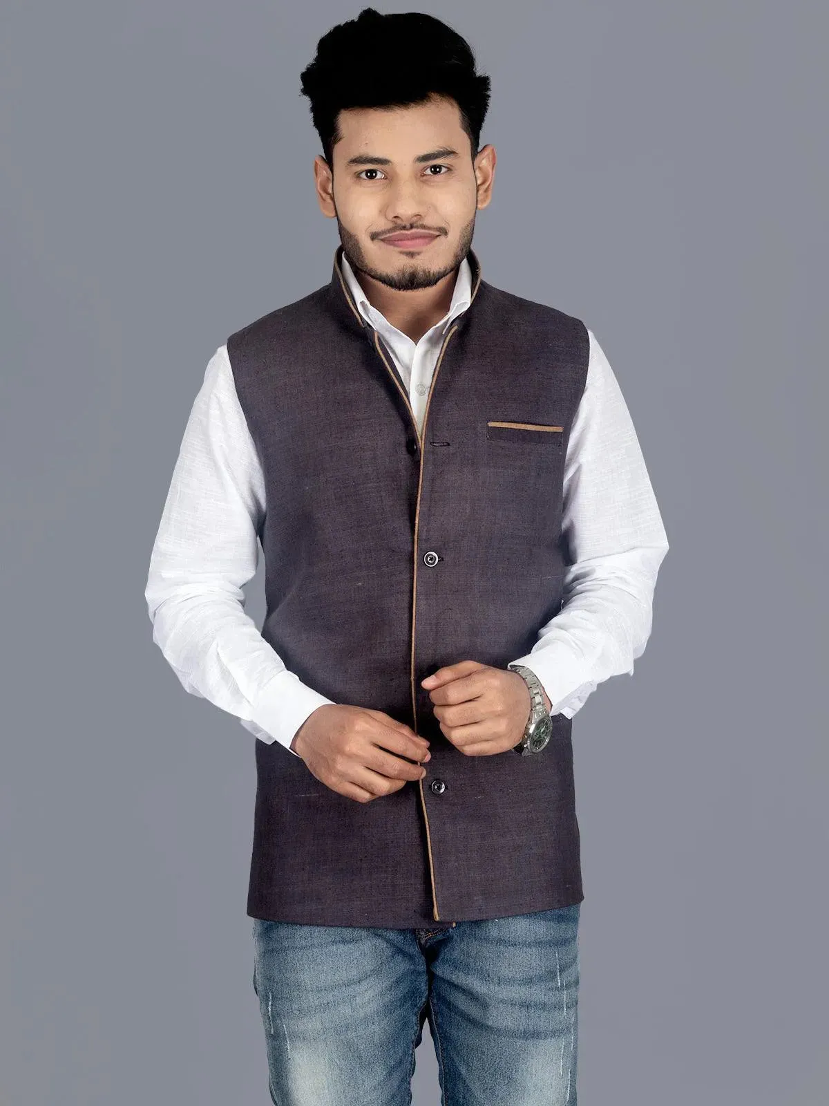 Black Grey Matka Silk Modi Jacket