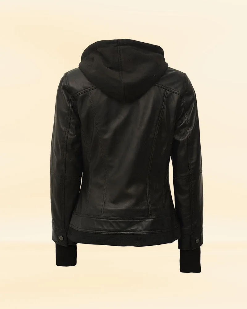 Black Leather Bomber Jacket with Hood