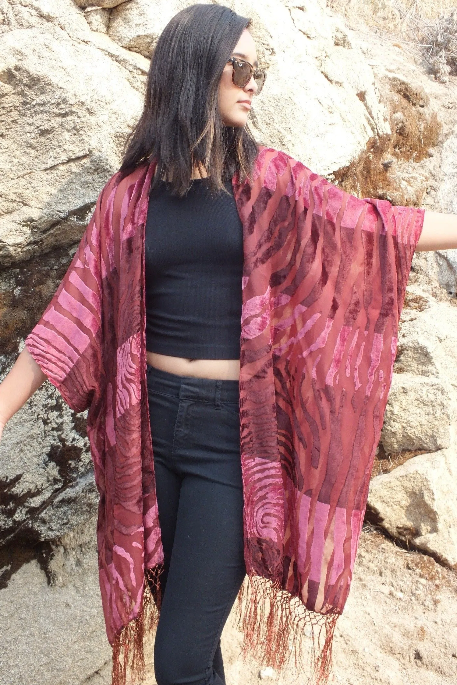 Burgundy Burnout Velvet Animal Print Duster Kimono Top One size