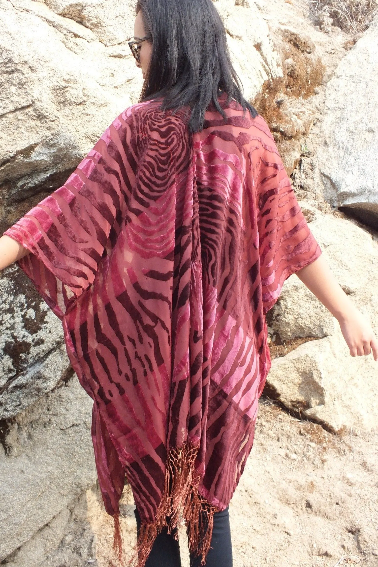 Burgundy Burnout Velvet Animal Print Duster Kimono Top One size