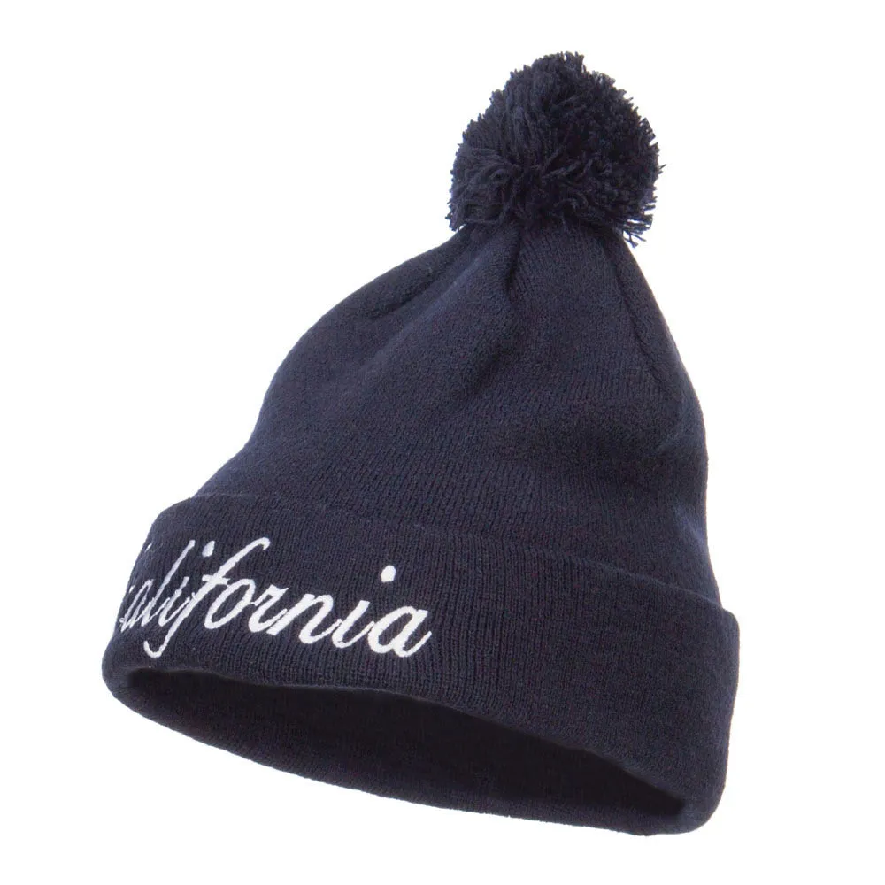 California Embroidered Pom Cuff Beanie