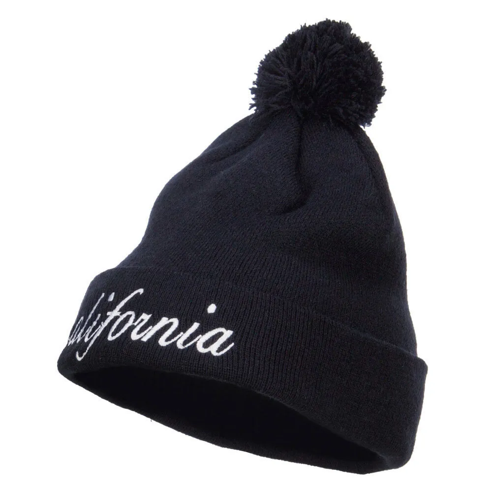 California Embroidered Pom Cuff Beanie