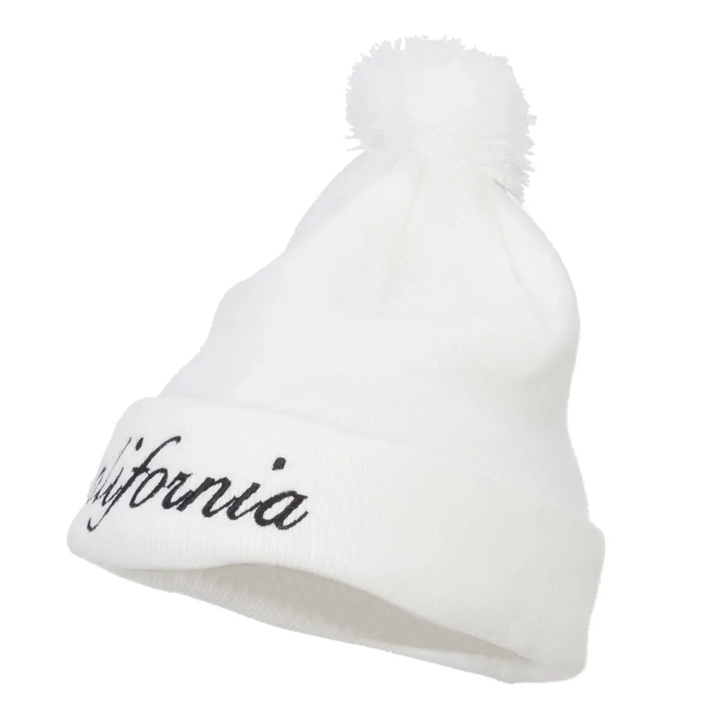 California Embroidered Pom Cuff Beanie