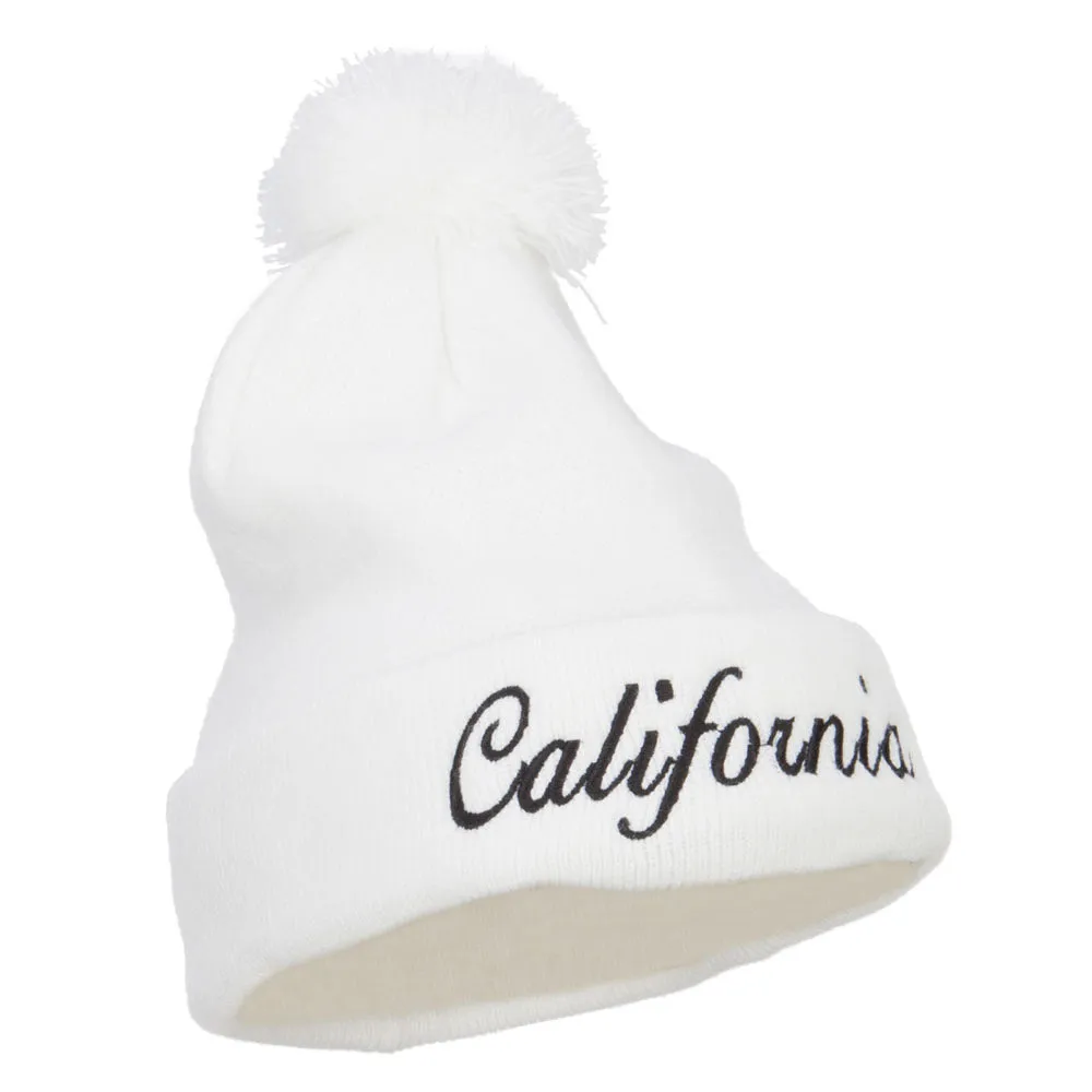 California Embroidered Pom Cuff Beanie