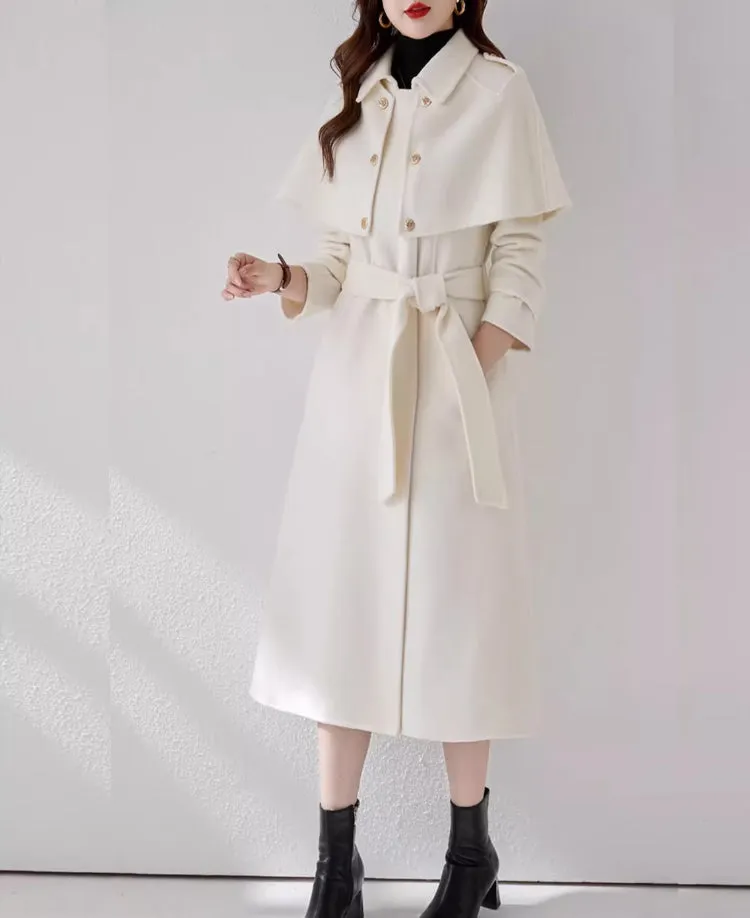 Cape coat, Wool Coat women, white coat, Long Wool Jacket, Coat dress, Winter Coat, Trench Coat, midi coat, Belt Coat, Handmade Coat(Y1109)