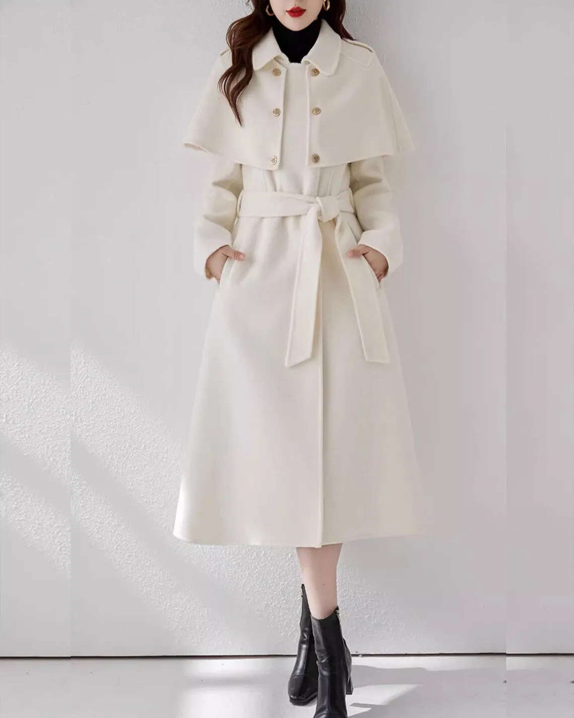 Cape coat, Wool Coat women, white coat, Long Wool Jacket, Coat dress, Winter Coat, Trench Coat, midi coat, Belt Coat, Handmade Coat(Y1109)