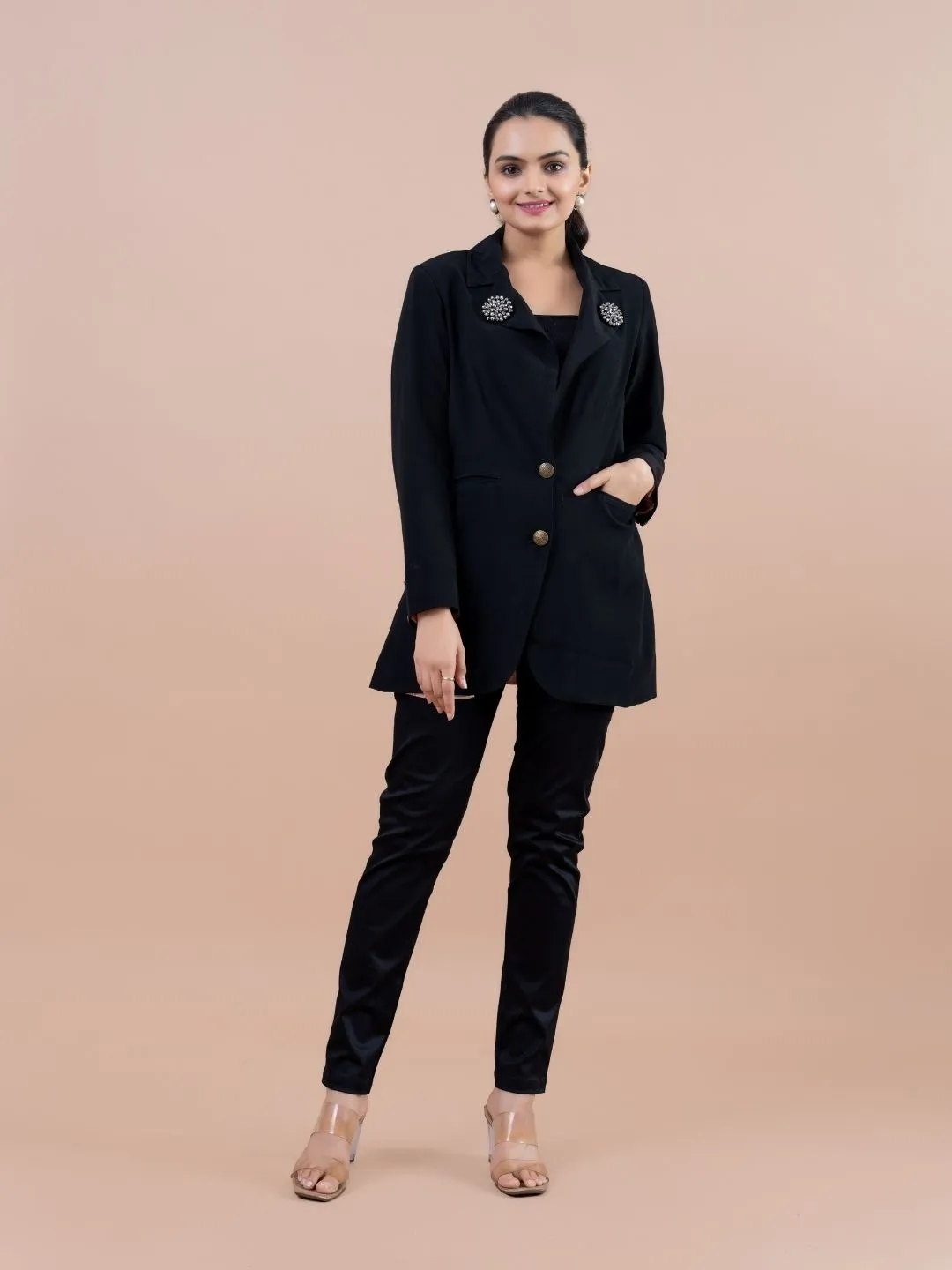 cheerfull moroccan crepe value added lapel collared , full sleeve jacket with comfy back slit and handy pockets.- Black