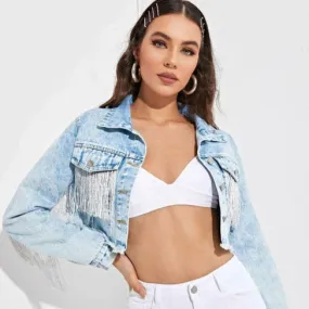 Cowboy Jacket Tassel Stitching Sexy Ripped Denim Jacket