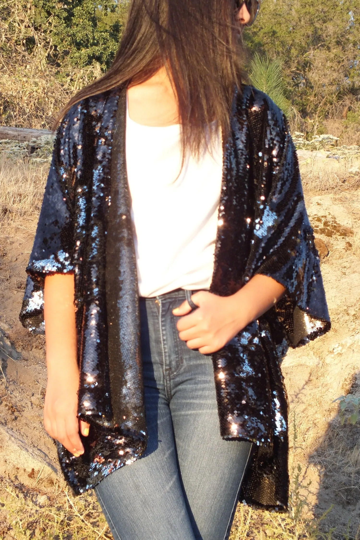 Custom listing...Black Silver Reversible Sequin Kimono Top