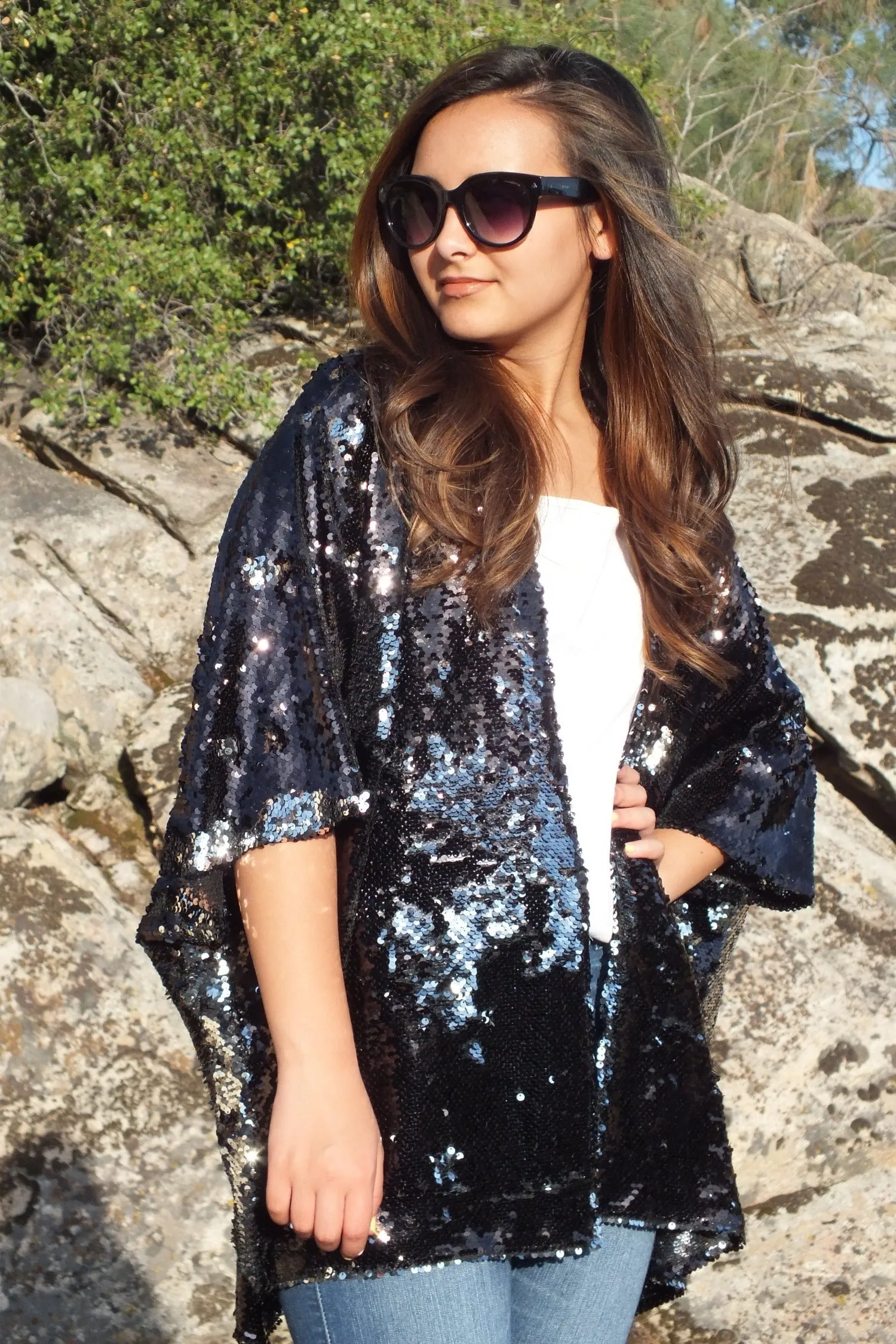 Custom listing...Black Silver Reversible Sequin Kimono Top