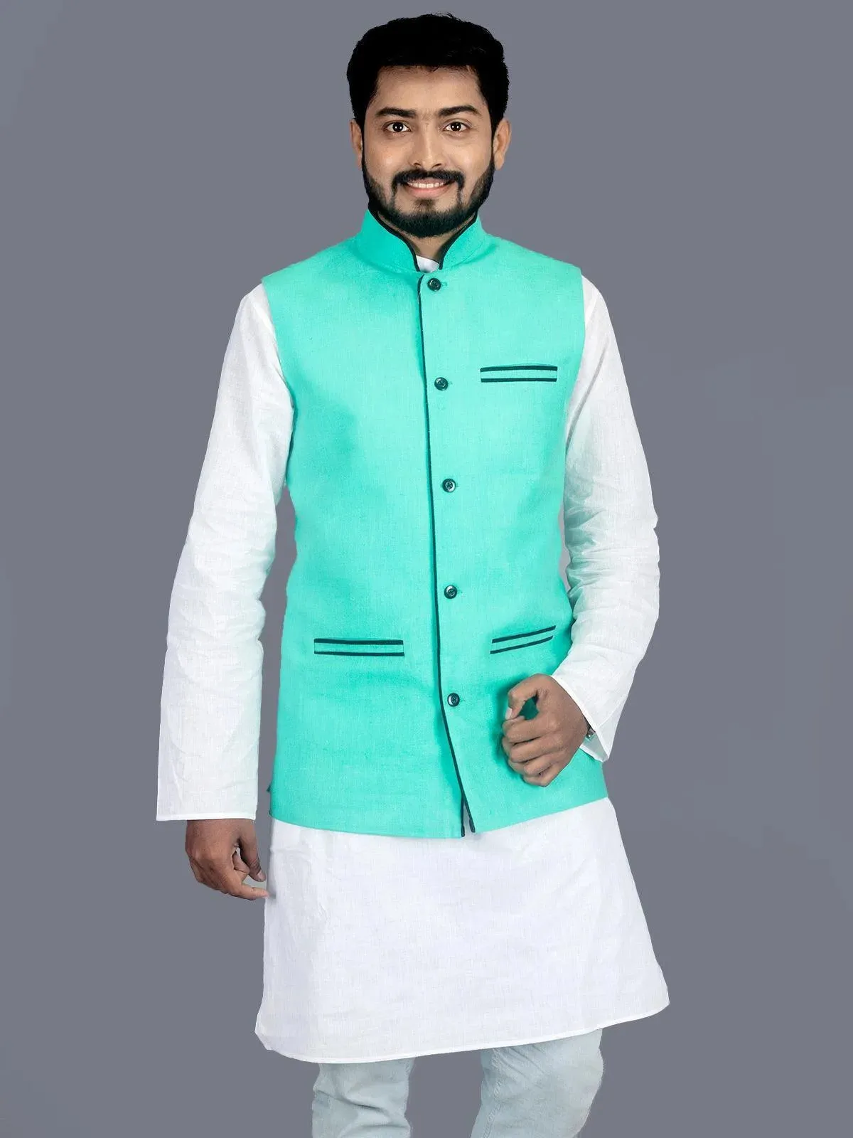 Cyan Solid Matka Silk Modi Jacket