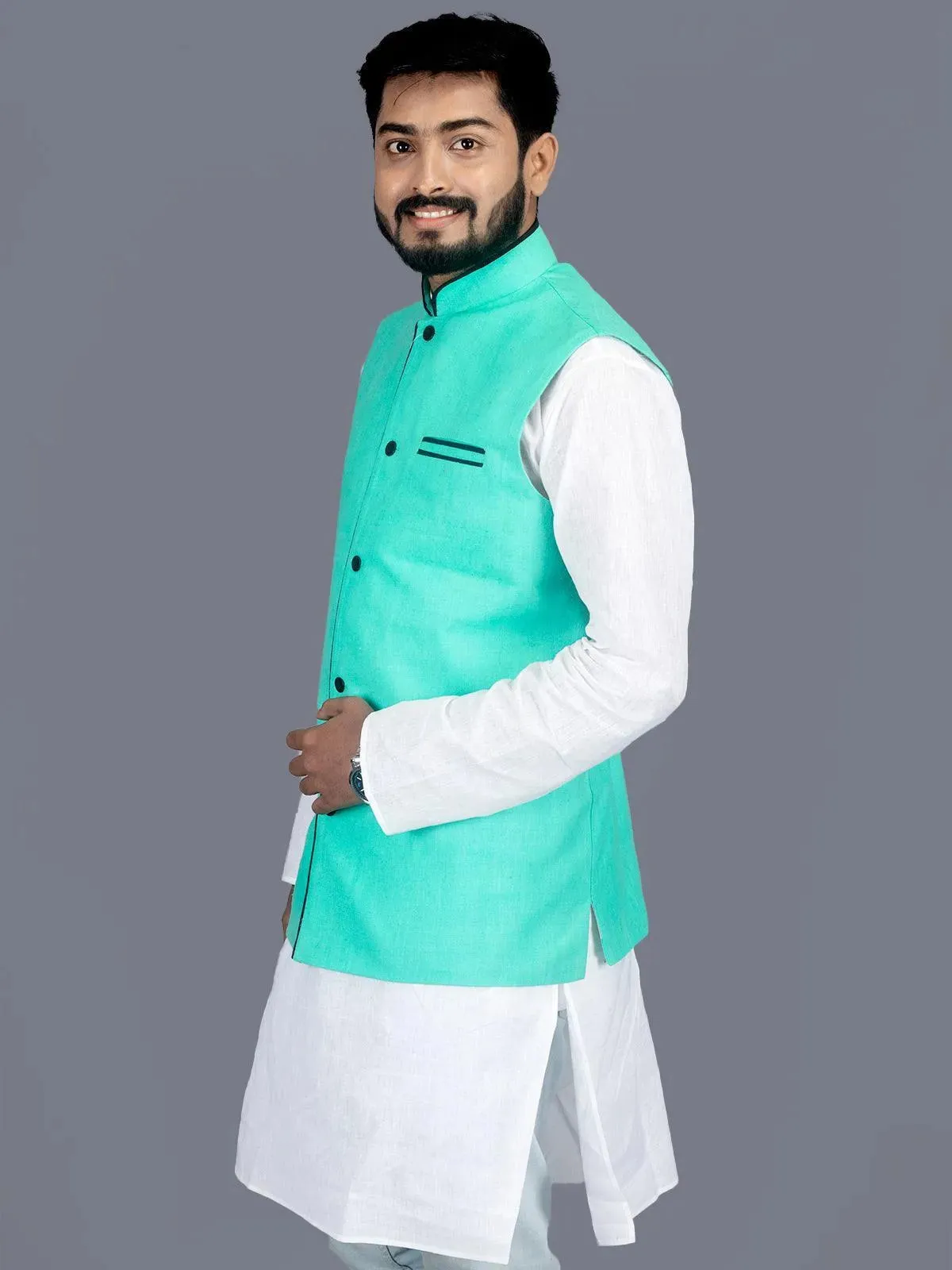 Cyan Solid Matka Silk Modi Jacket