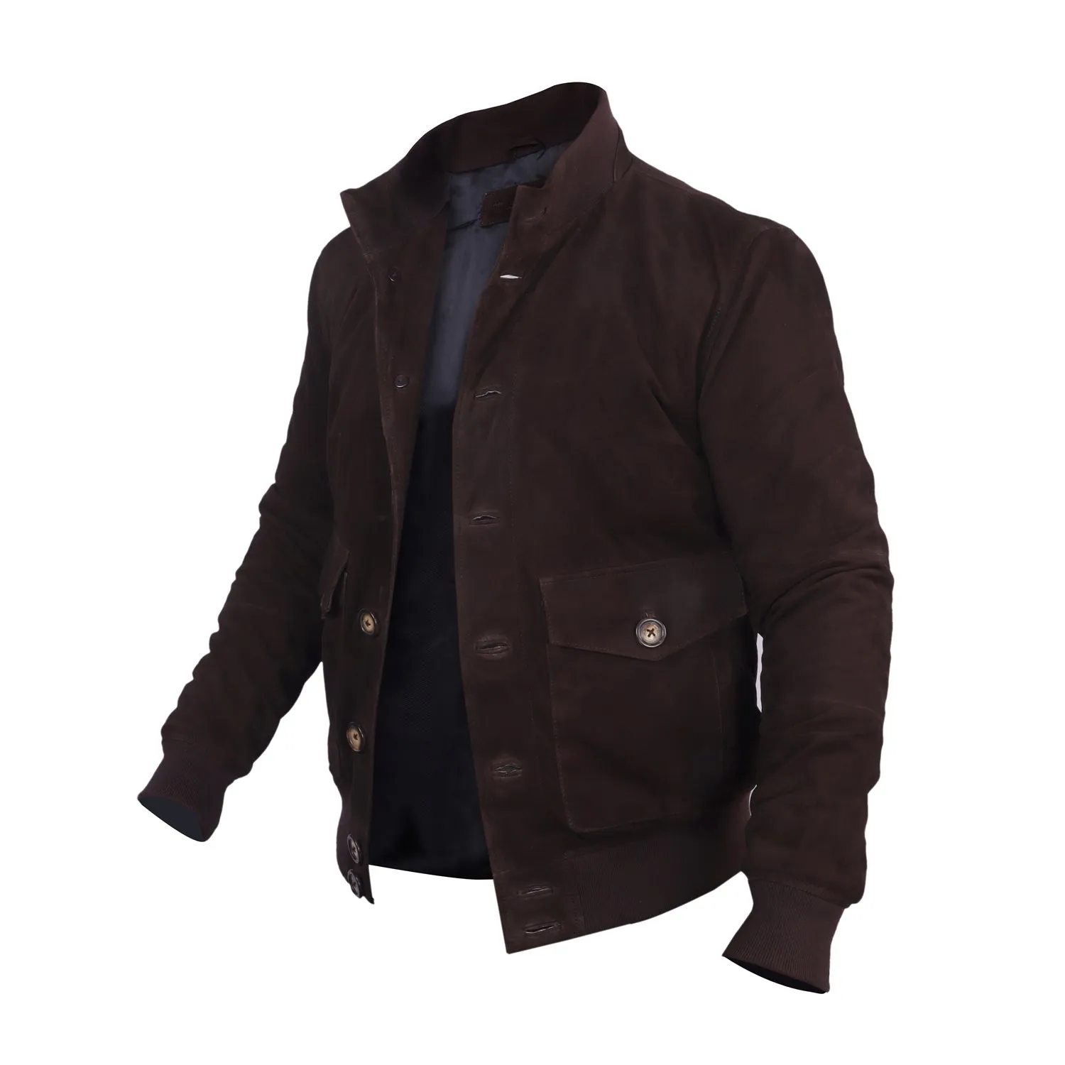 Dual Collar Bomber Dark Brown Suede Leather Jacket with Flap Pockets Button Closure By Brune And Bareskin