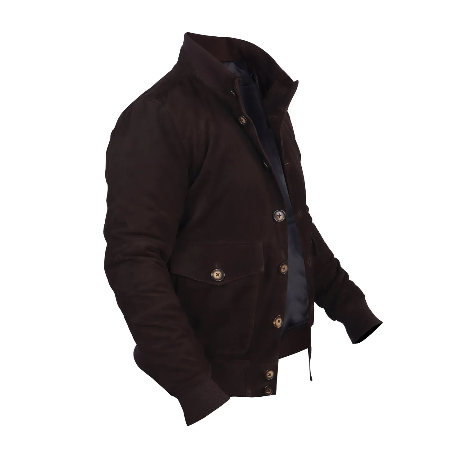 Dual Collar Bomber Dark Brown Suede Leather Jacket with Flap Pockets Button Closure By Brune And Bareskin