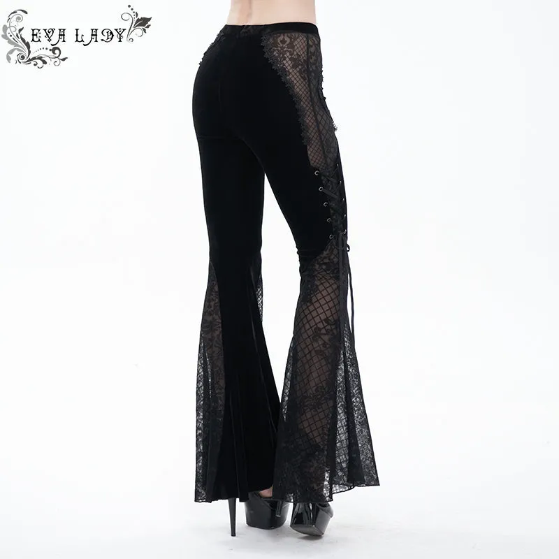 EPT009 stage see-through side laced up velvet flared black women gothic trousers