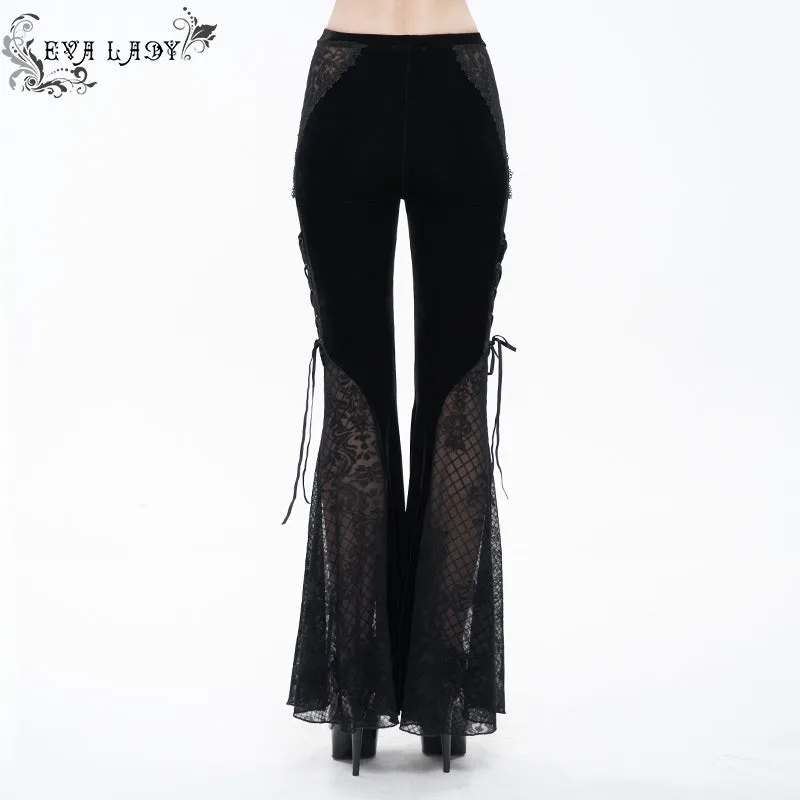 EPT009 stage see-through side laced up velvet flared black women gothic trousers