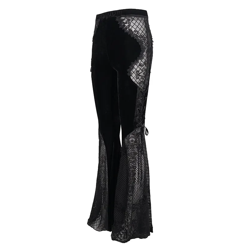 EPT009 stage see-through side laced up velvet flared black women gothic trousers