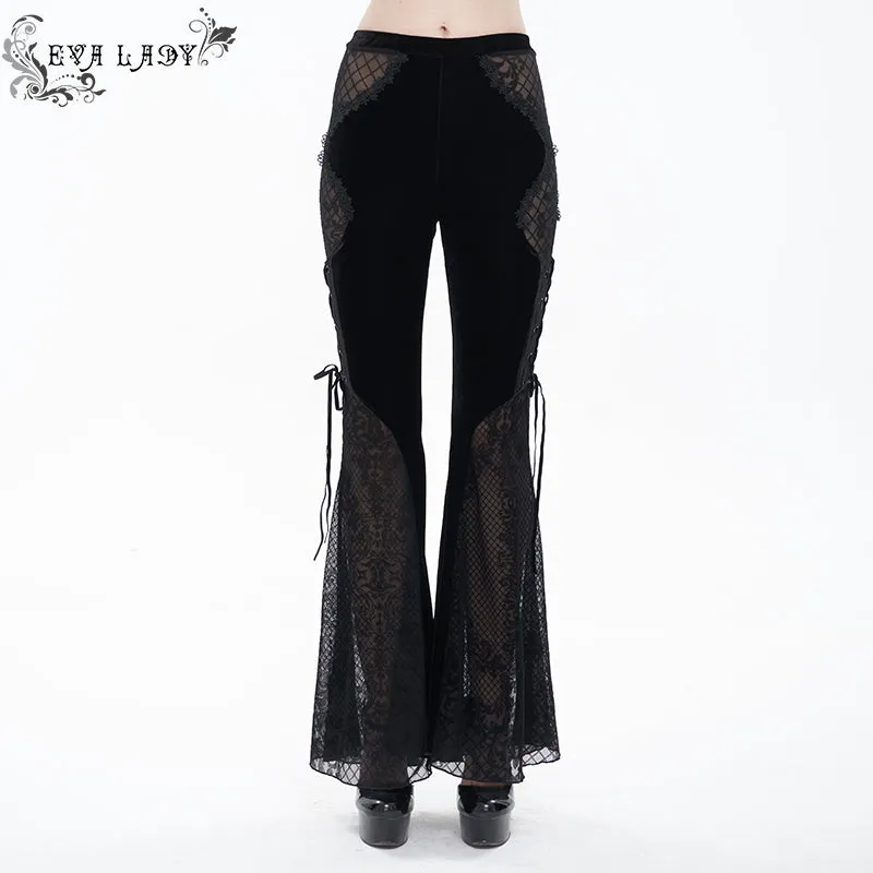 EPT009 stage see-through side laced up velvet flared black women gothic trousers